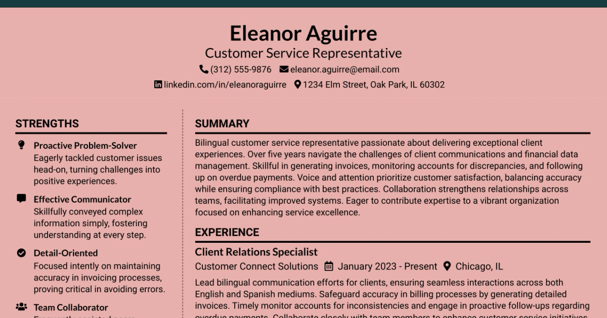 33 Customer Service Representative - Bilingual English/Spanish Resume Templates with Example 2026 (ATS-Optimized)