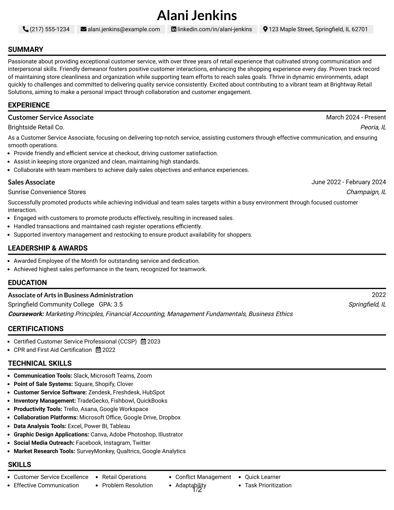 Resume Example Page 1