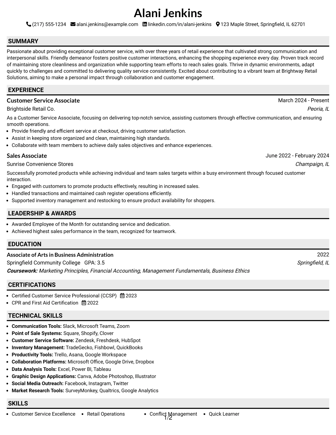 Resume Example Page 1