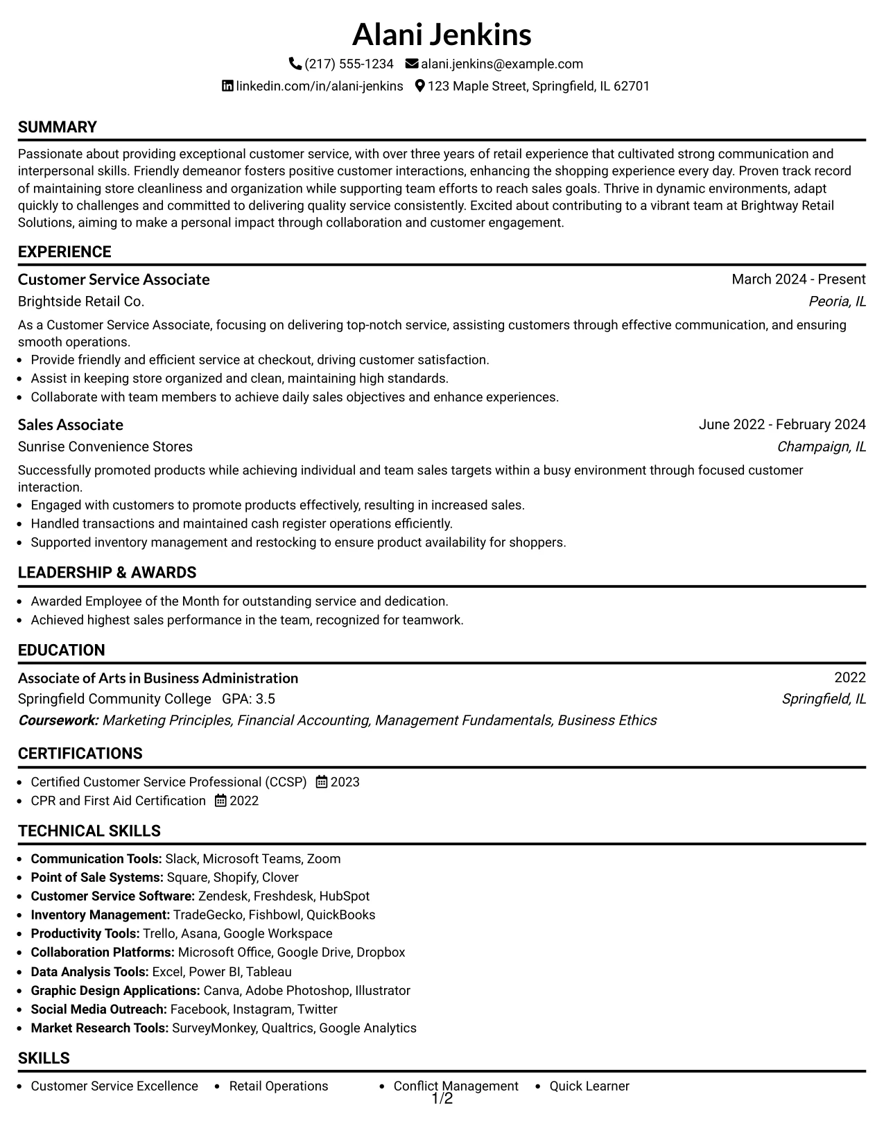 Resume Example Page 1