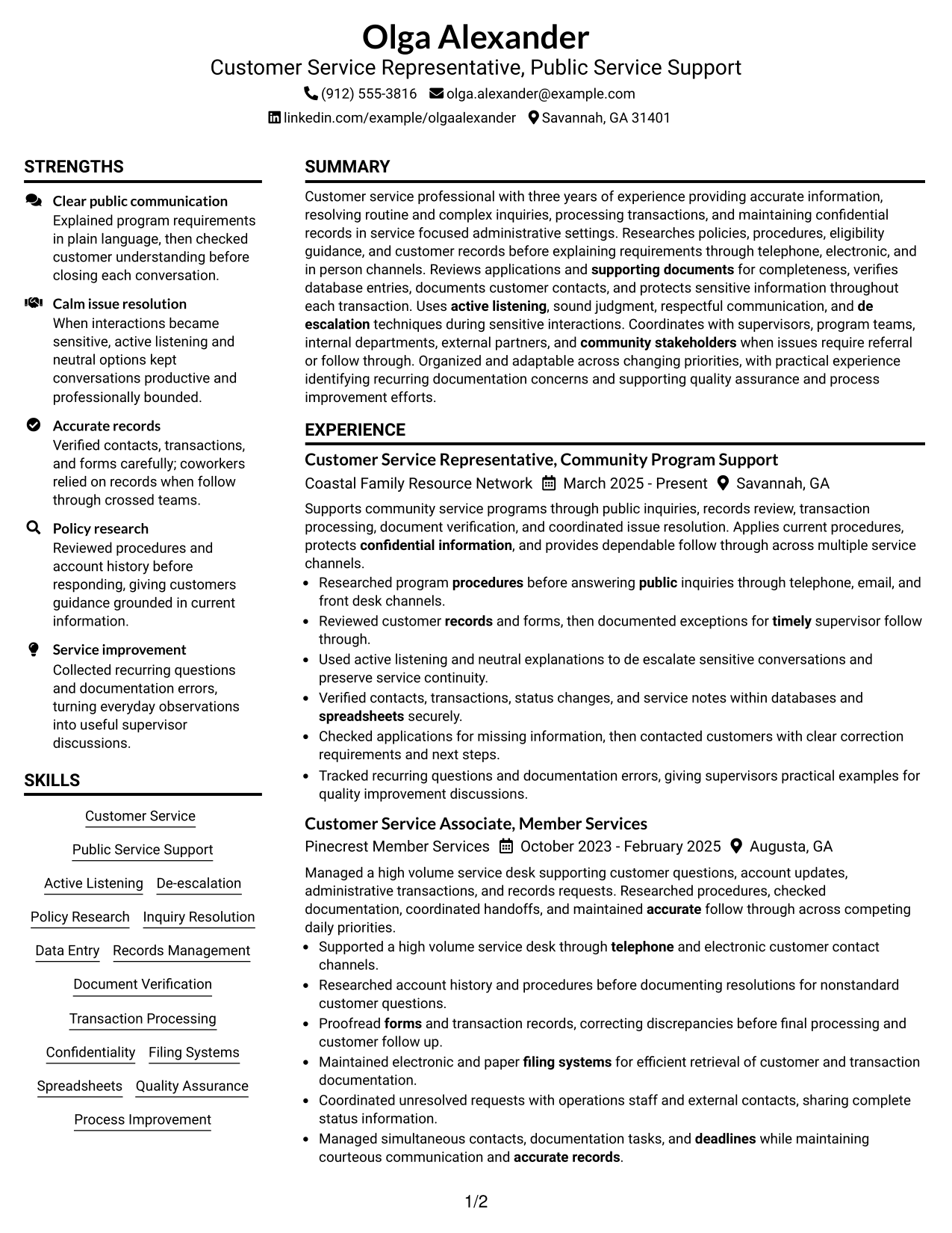 Resume Example Page 1