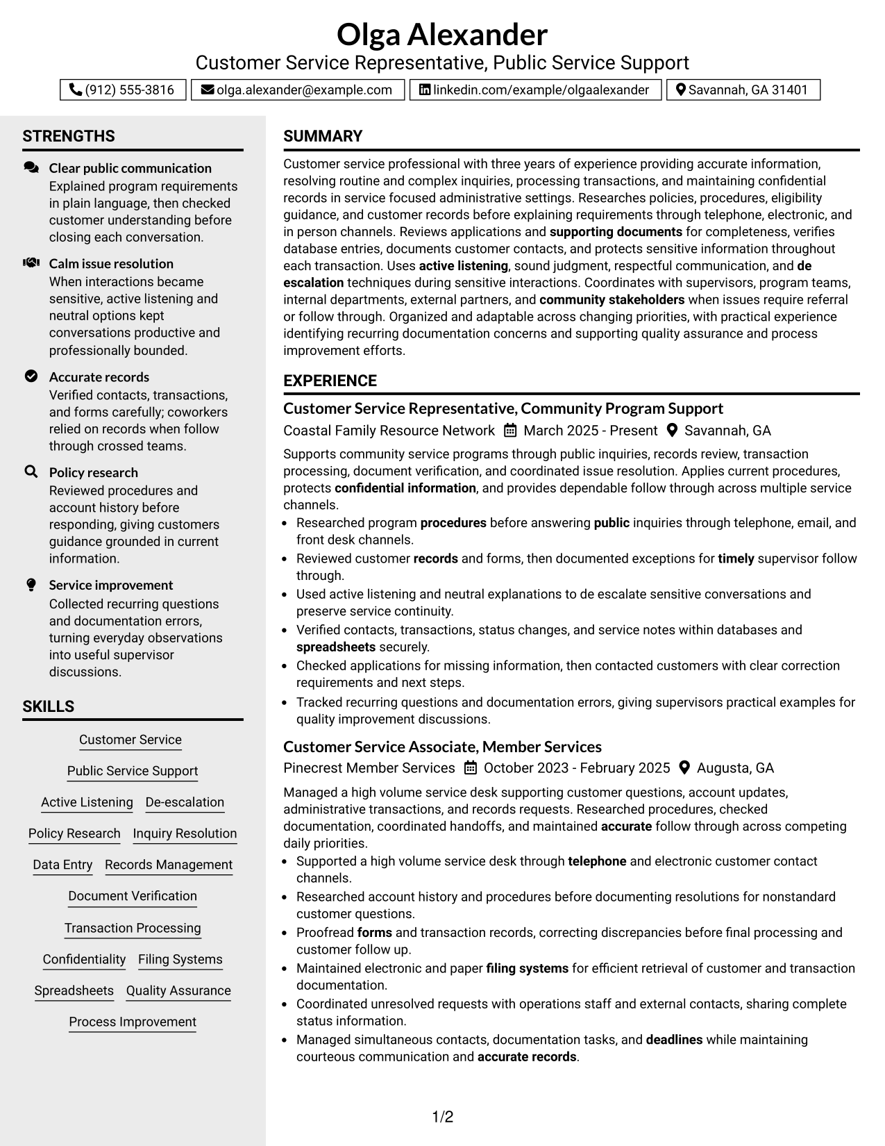 Resume Example Page 1
