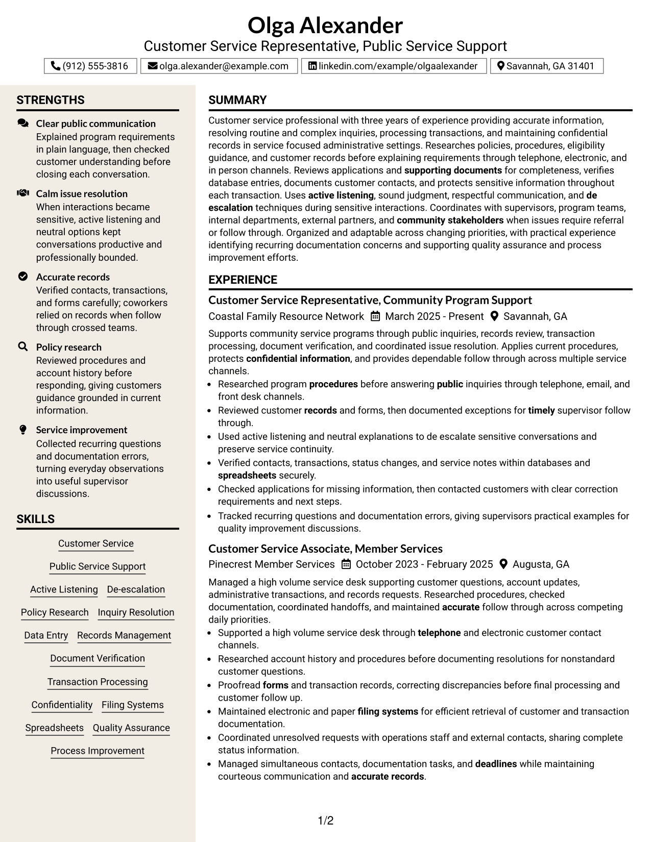 Resume Example Page 1