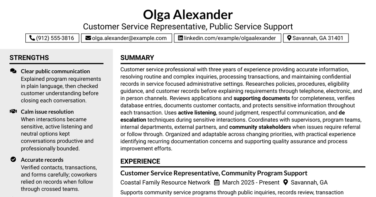 7 Customer Service Representative - Public Service Support Resume Templates with Example