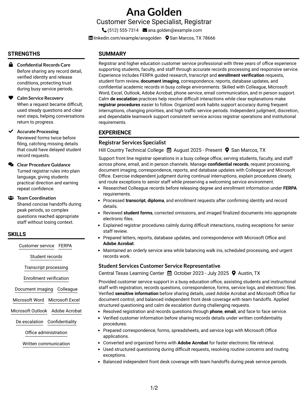 Resume Example Page 1