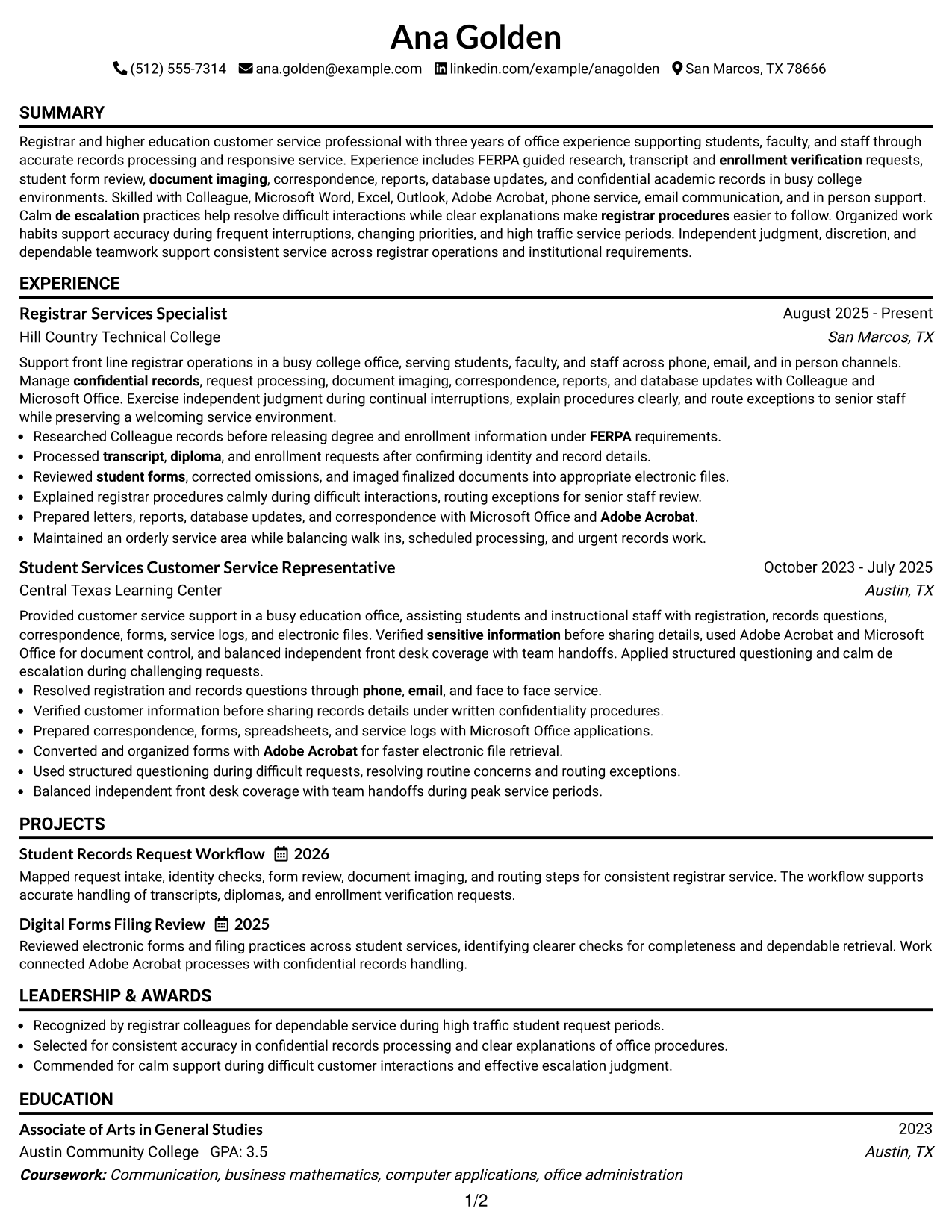 Resume Example Page 1