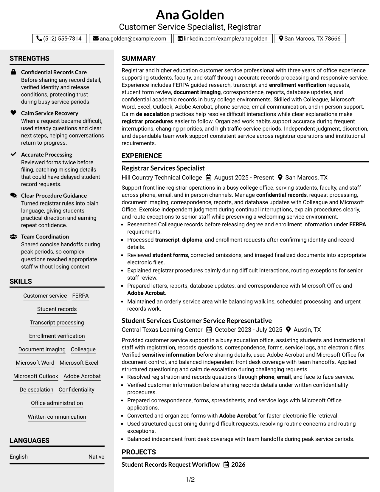 Resume Example Page 1