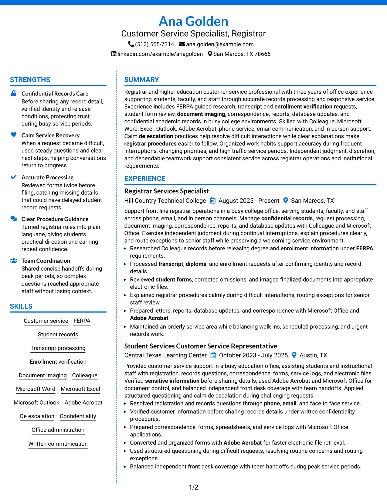 Resume Example Page 1