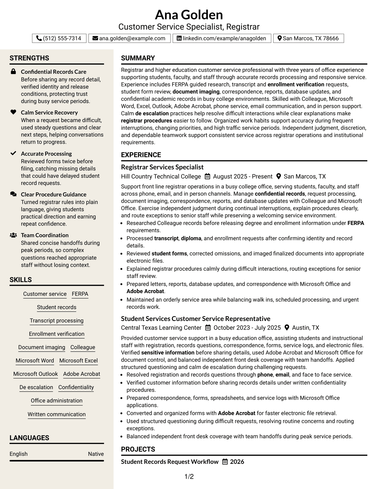 Resume Example Page 1