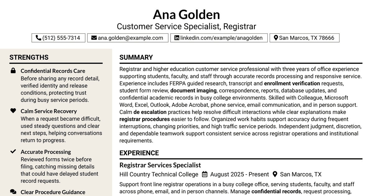 7 Customer Service Specialist - Registrar Resume Templates with Example