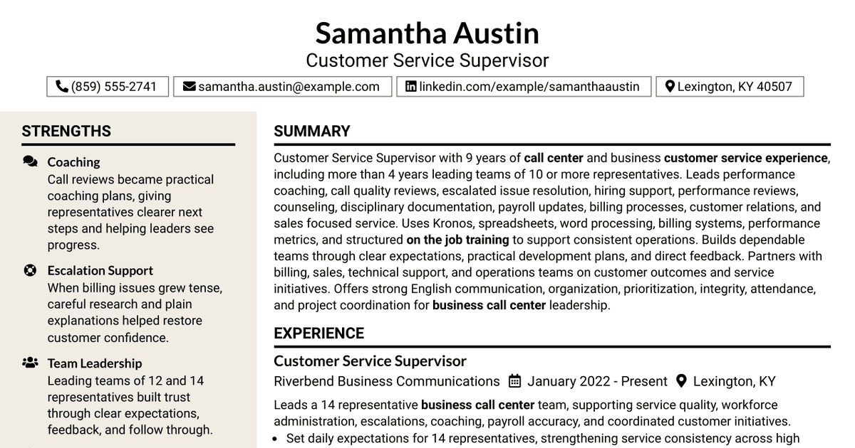 7 Customer Service Supervisor - Business Call Center Resume Templates with Example
