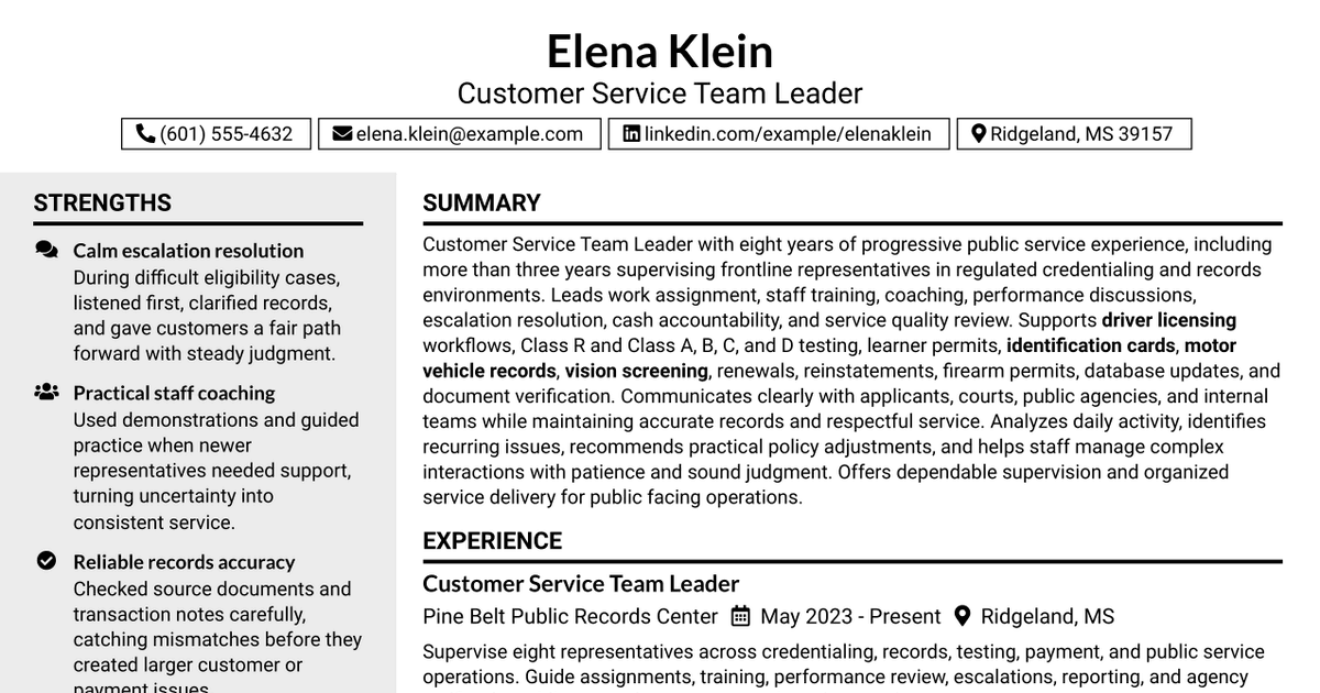 7 Customer Service Team Leader Resume Templates with Example