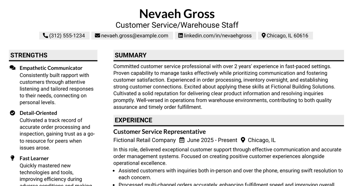 33 Customer Service/Warehouse Staff Resume Templates with Example 2026 (ATS-Optimized)