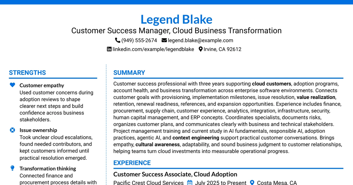 33 Customer Success Manager - Cloud Business Transformation Resume Templates with Example 2026 (ATS-Optimized)