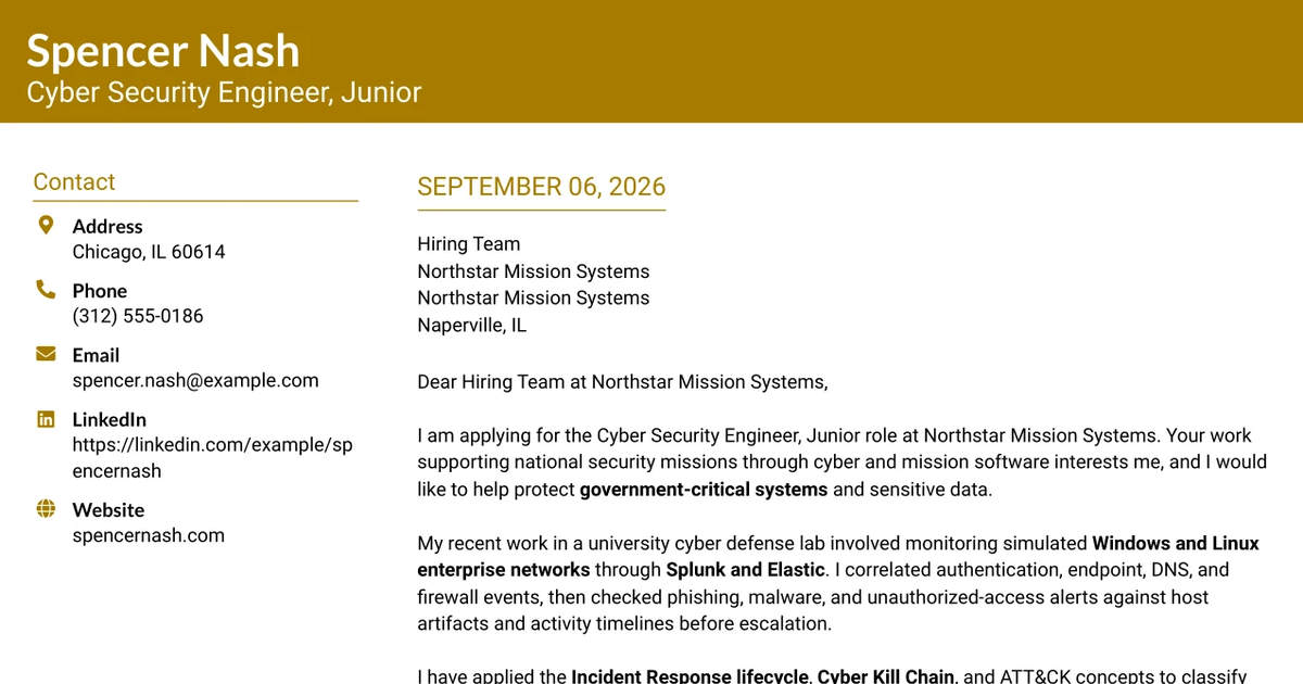 30+ Cyber Security Engineer, Junior Cover Letter Templates with Example 2026