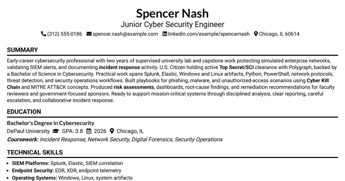 33 Cyber Security Engineer, Junior Resume Templates with Example 2026 (ATS-Optimized)
