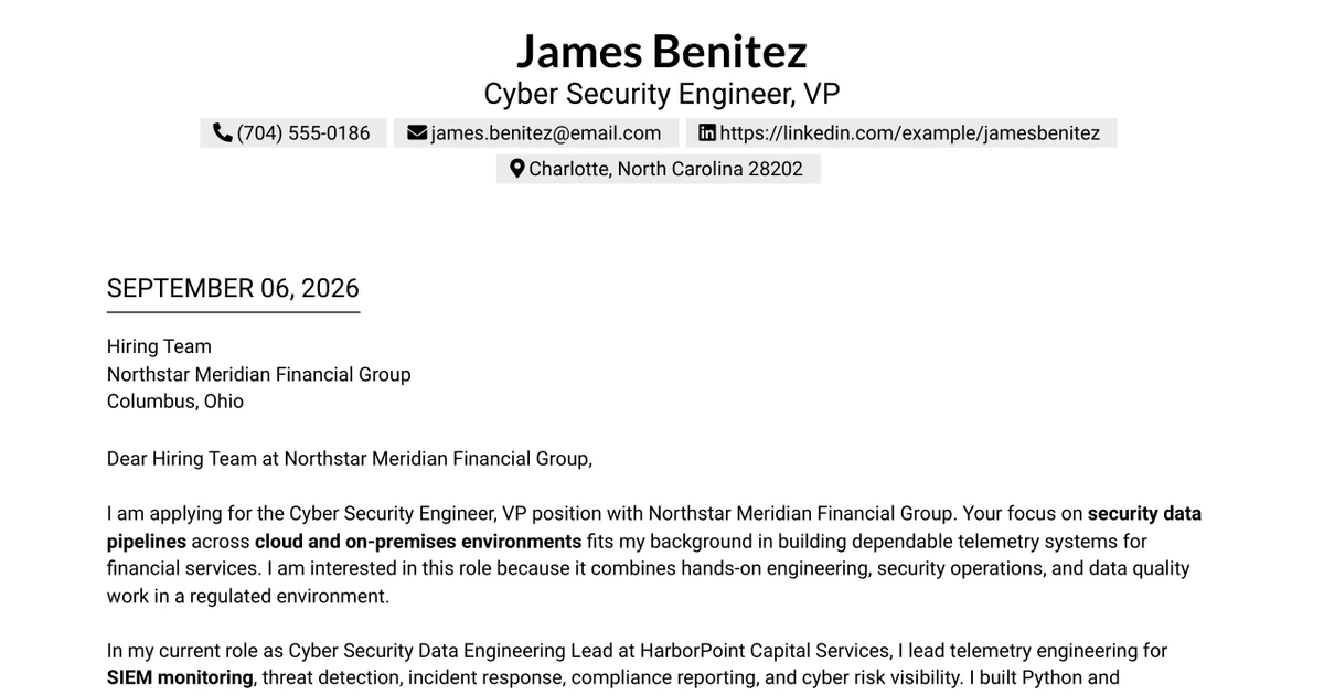 30+ Cyber Security Engineer, VP Cover Letter Templates with Example 2026