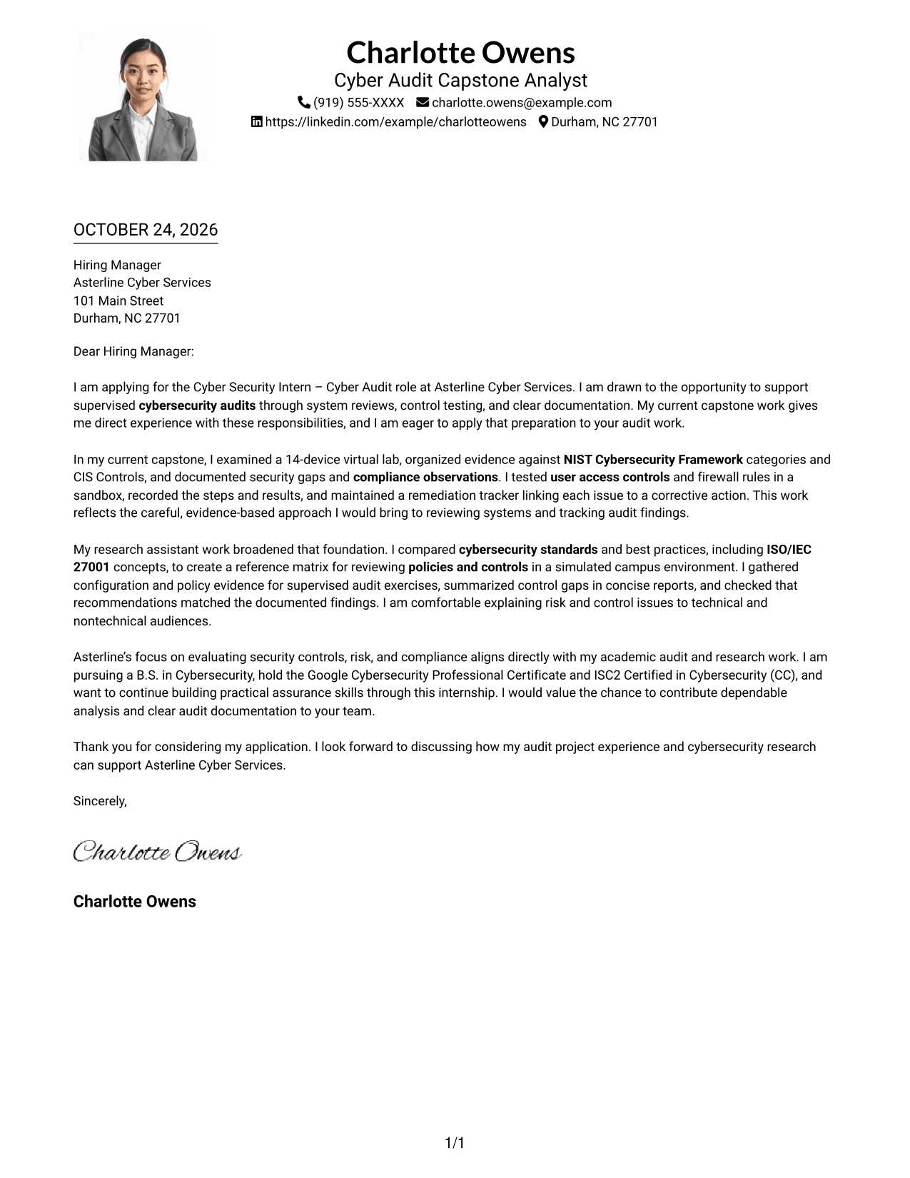 Cover letter example — page 1