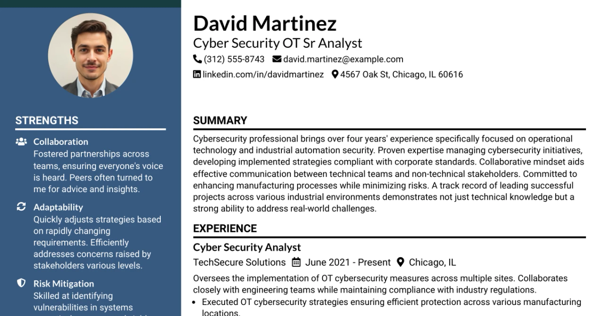 33 Cyber Security OT Sr Analyst Resume Templates with Example 2026 (ATS-Optimized)