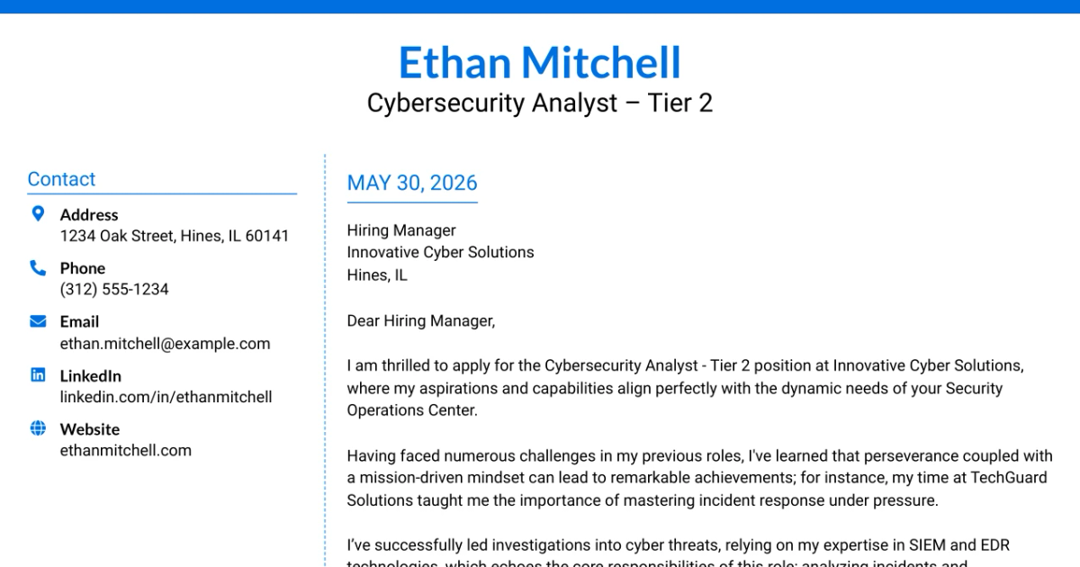 30+ Cybersecurity Analyst – Tier 2 Cover Letter Templates with Example 2026