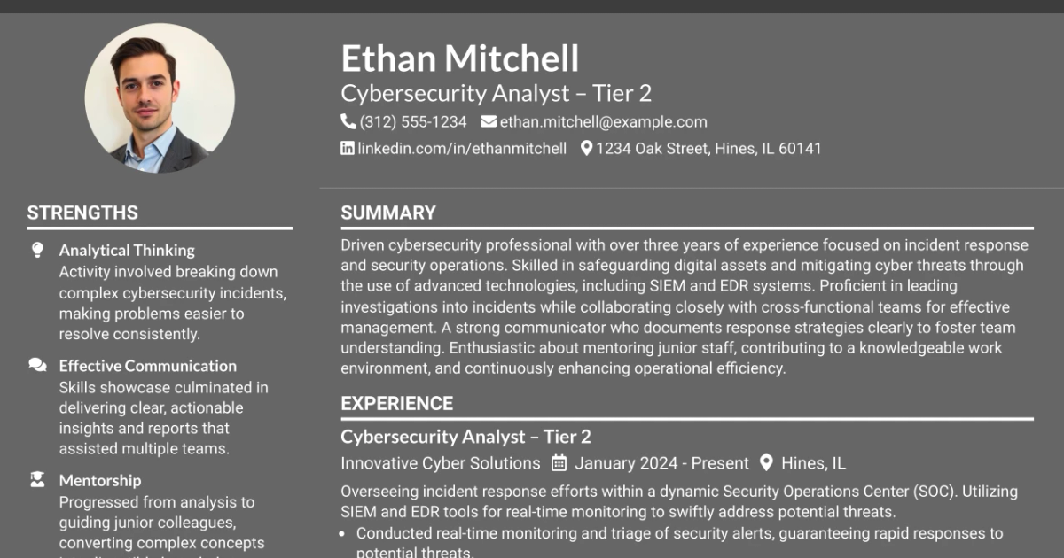 33 Cybersecurity Analyst – Tier 2 Resume Templates with Example 2026 (ATS-Optimized)
