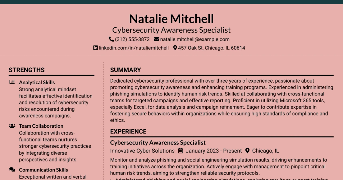 33 Cybersecurity Awareness Specialist Resume Templates with Example 2026 (ATS-Optimized)
