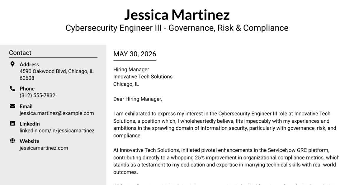 30+ Cybersecurity Engineer III - Governance, Risk & Compliance Cover Letter Templates with Example 2026