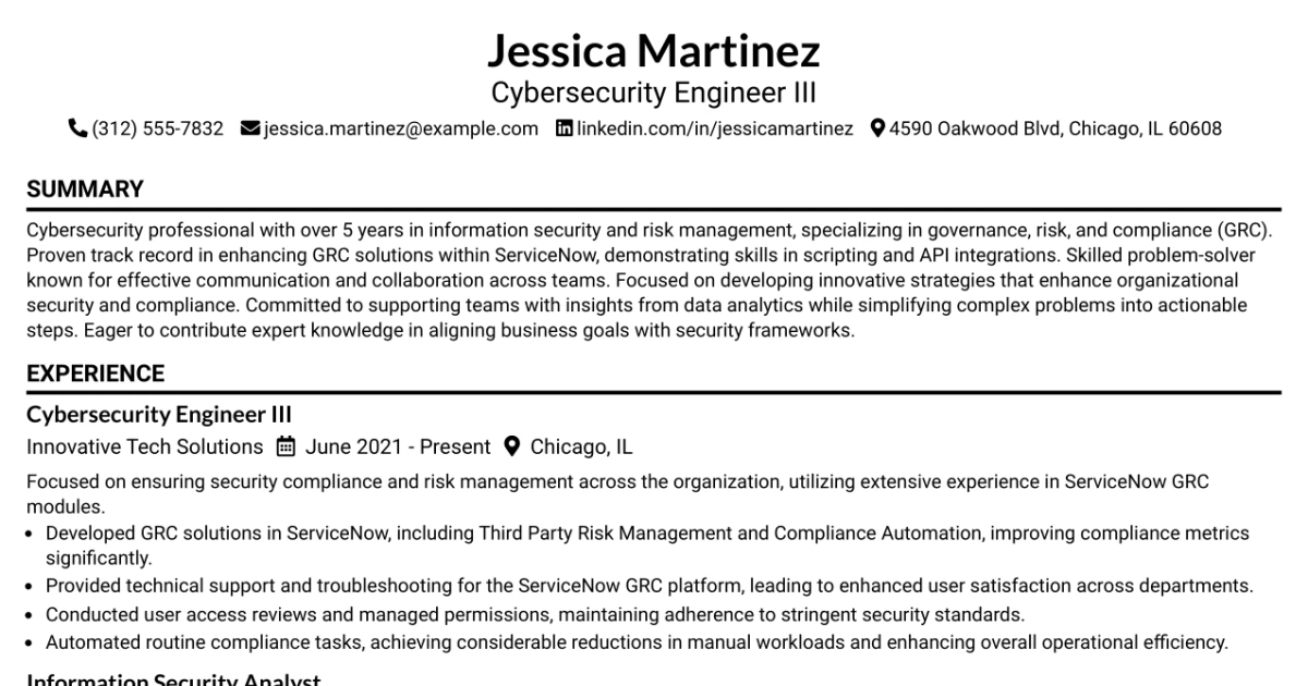 33 Cybersecurity Engineer III - Governance, Risk & Compliance Resume Templates with Example 2026 (ATS-Optimized)
