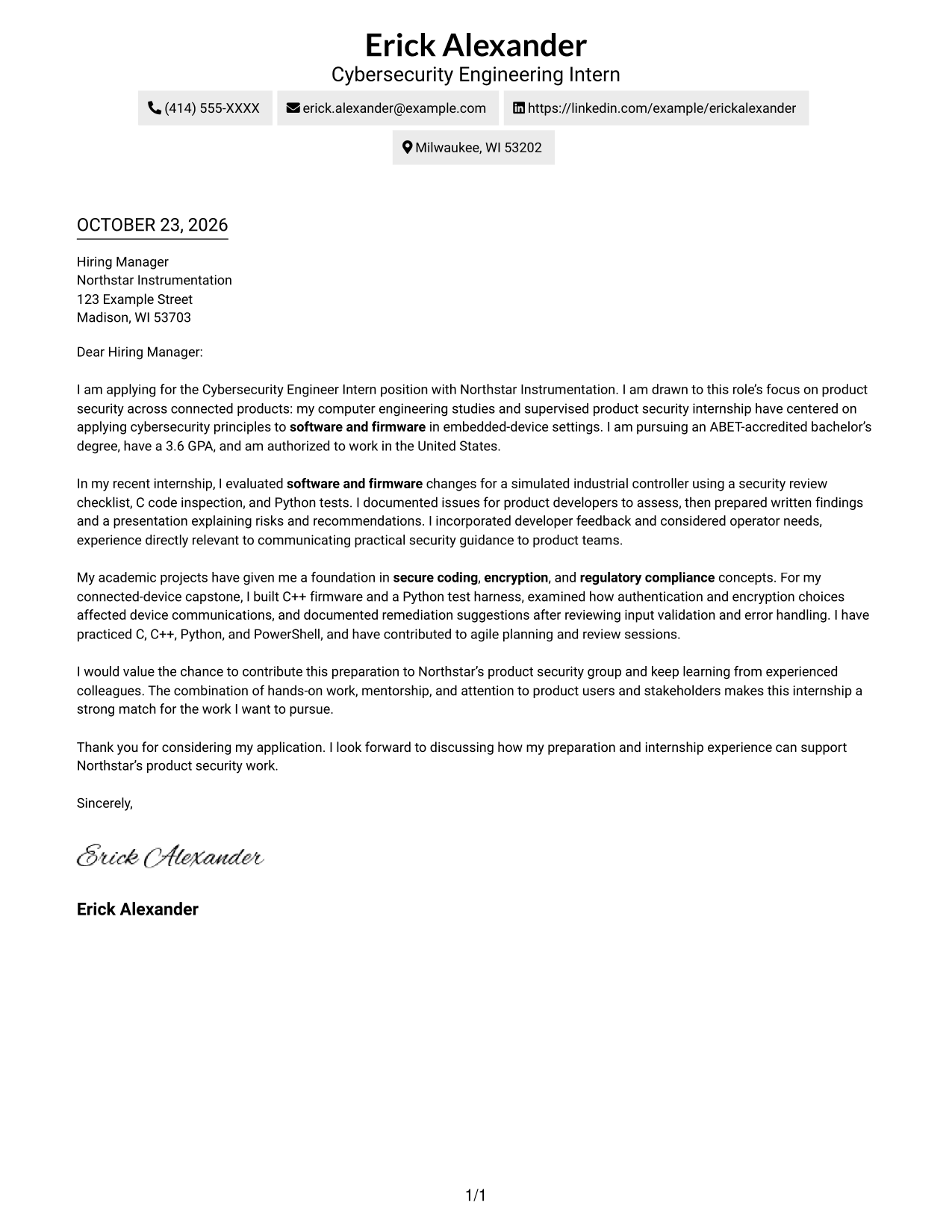 Cover letter example — page 1