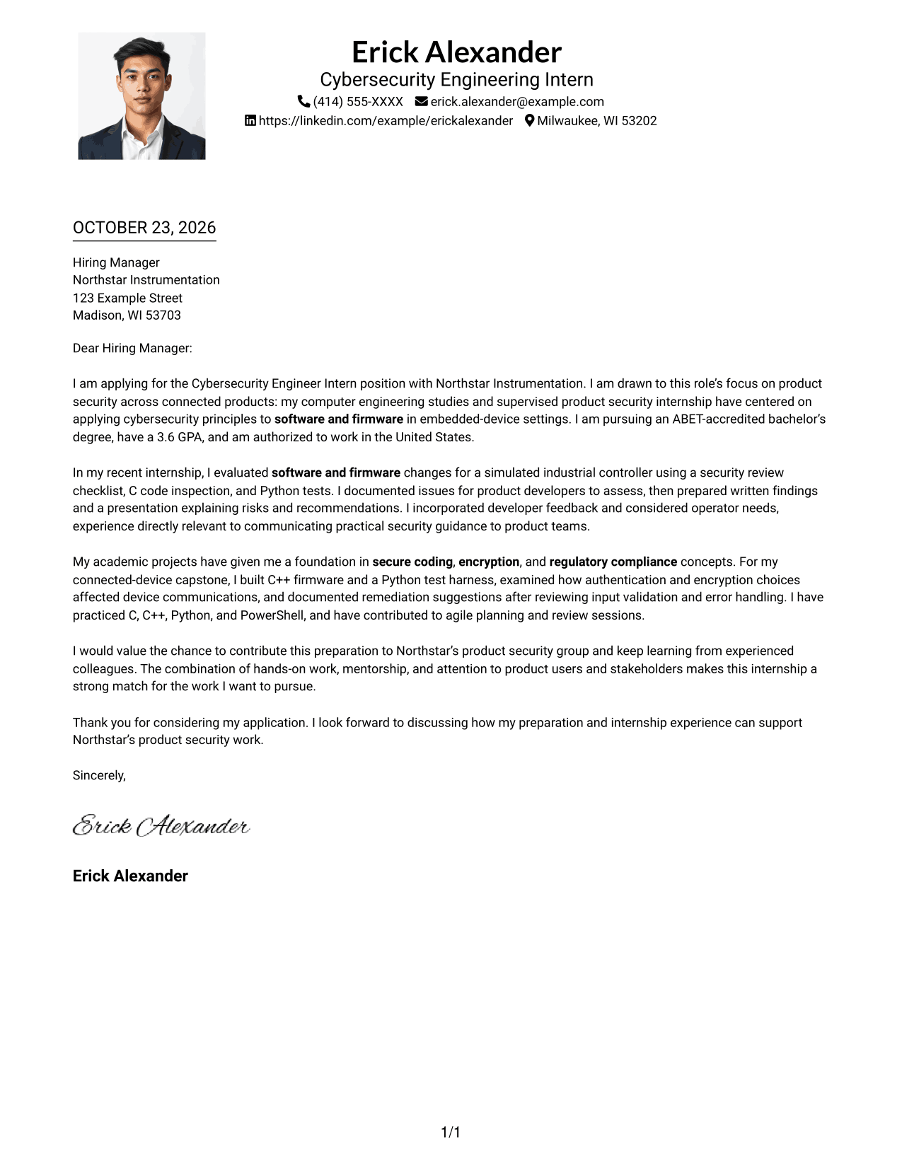 Cover letter example — page 1