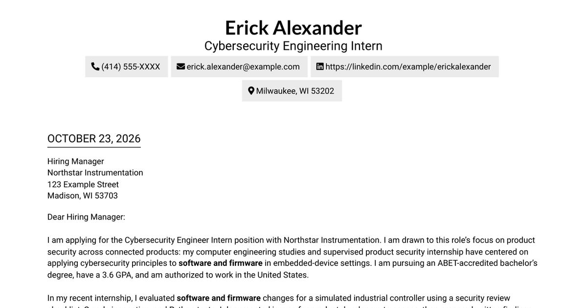 7 Cybersecurity Engineer Intern - Product Security Cover Letter Templates with Example