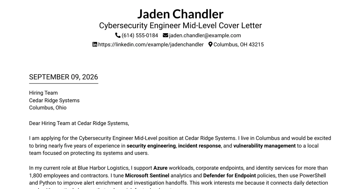 30+ Cybersecurity Engineer Mid-Level Cover Letter Templates with Example 2026