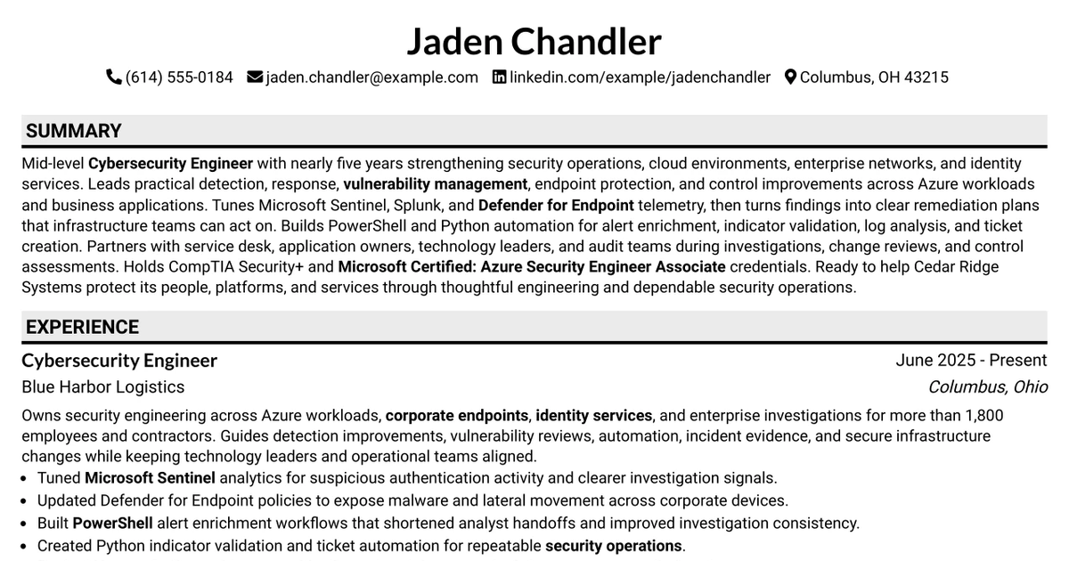 33 Cybersecurity Engineer Mid-Level Resume Templates with Example 2026 (ATS-Optimized)