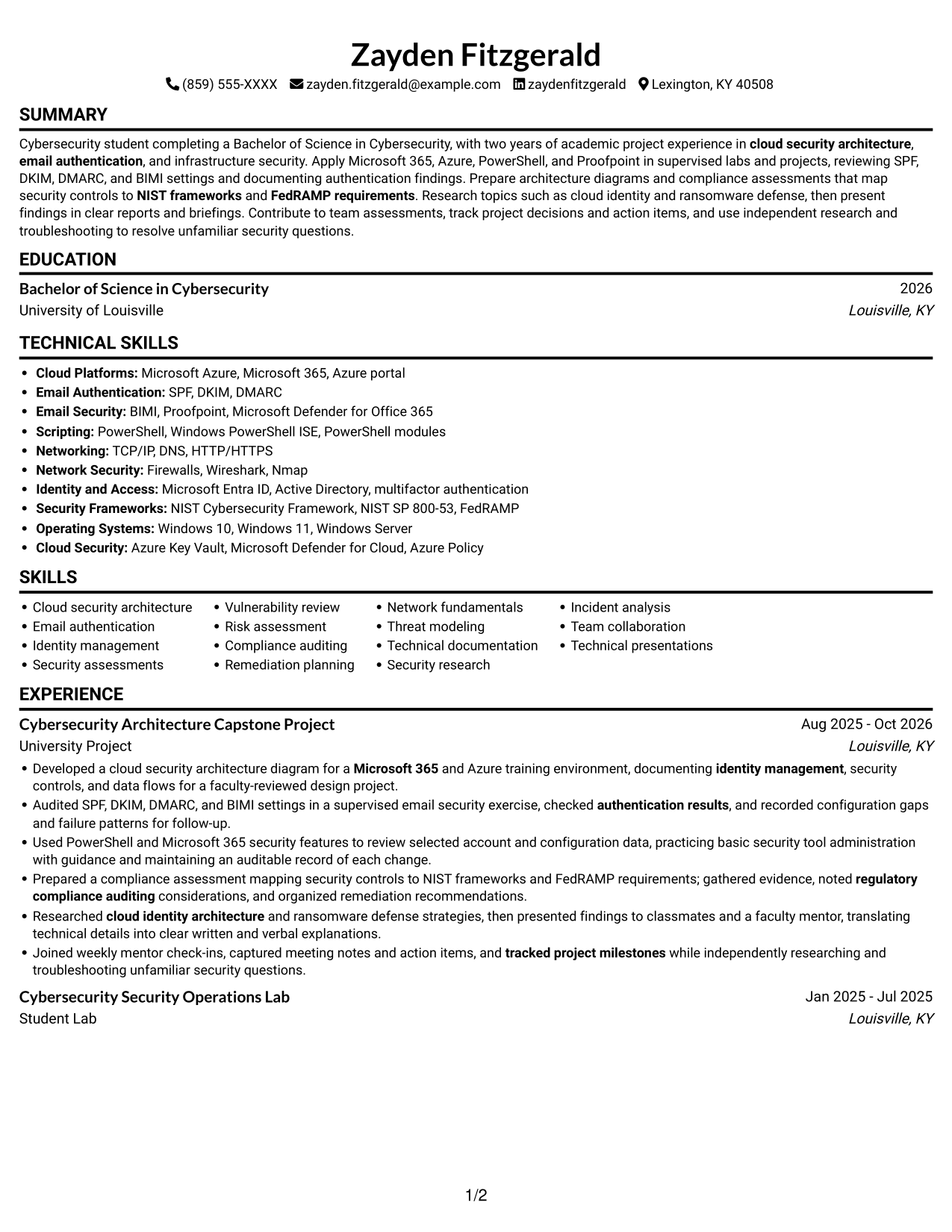 Cybersecurity Intern - Architecture & Engineering resume, page 1