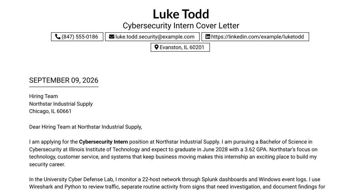 30+ Cybersecurity Intern Cover Letter Templates with Example 2026