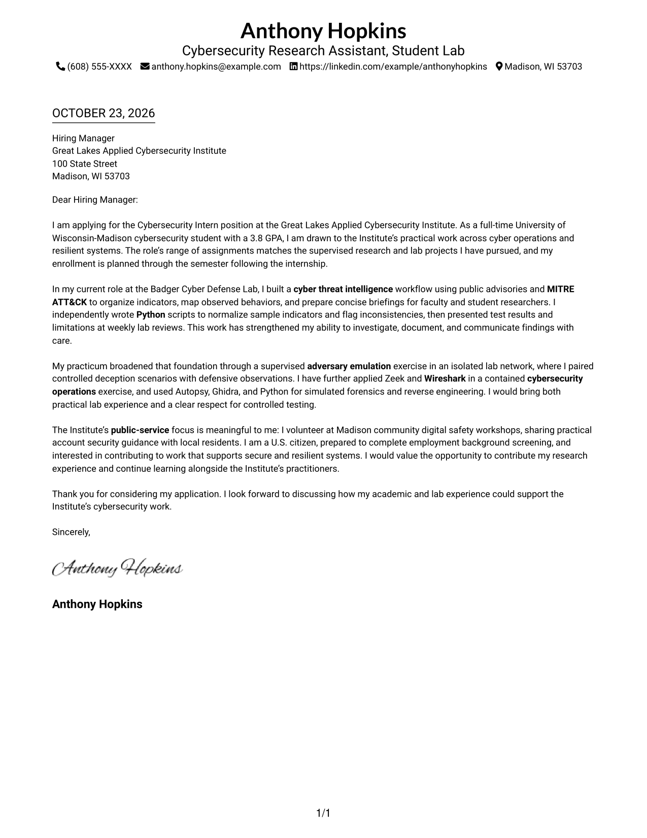 Cover letter example — page 1