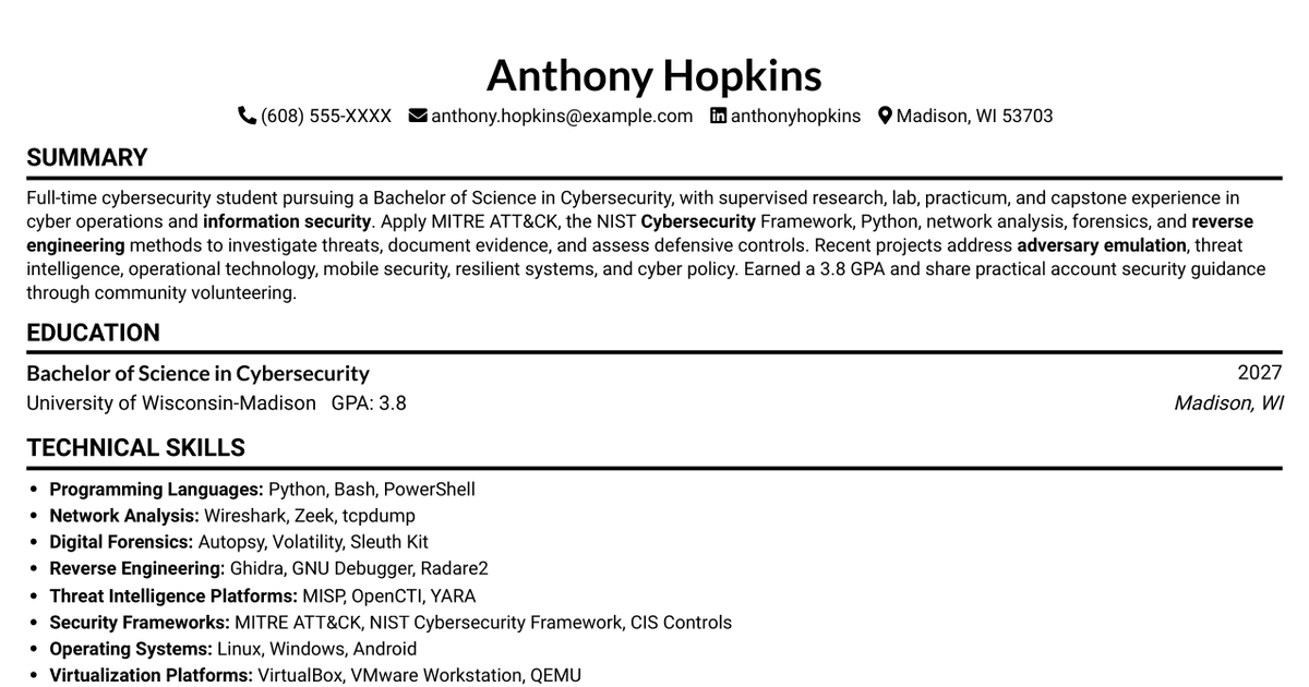 7 Cybersecurity Intern - Cyber Operations and Resilient Systems Resume Templates with Example