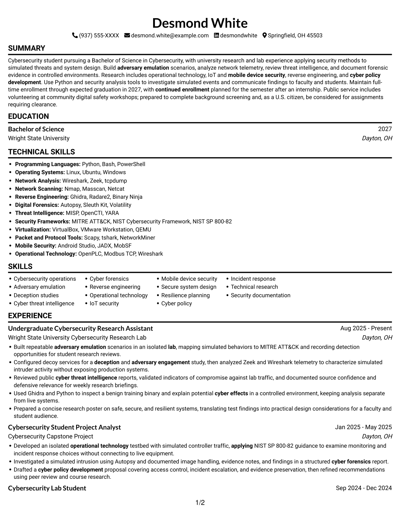 Cybersecurity Intern - Cybersecurity Research and Operations resume, page 1