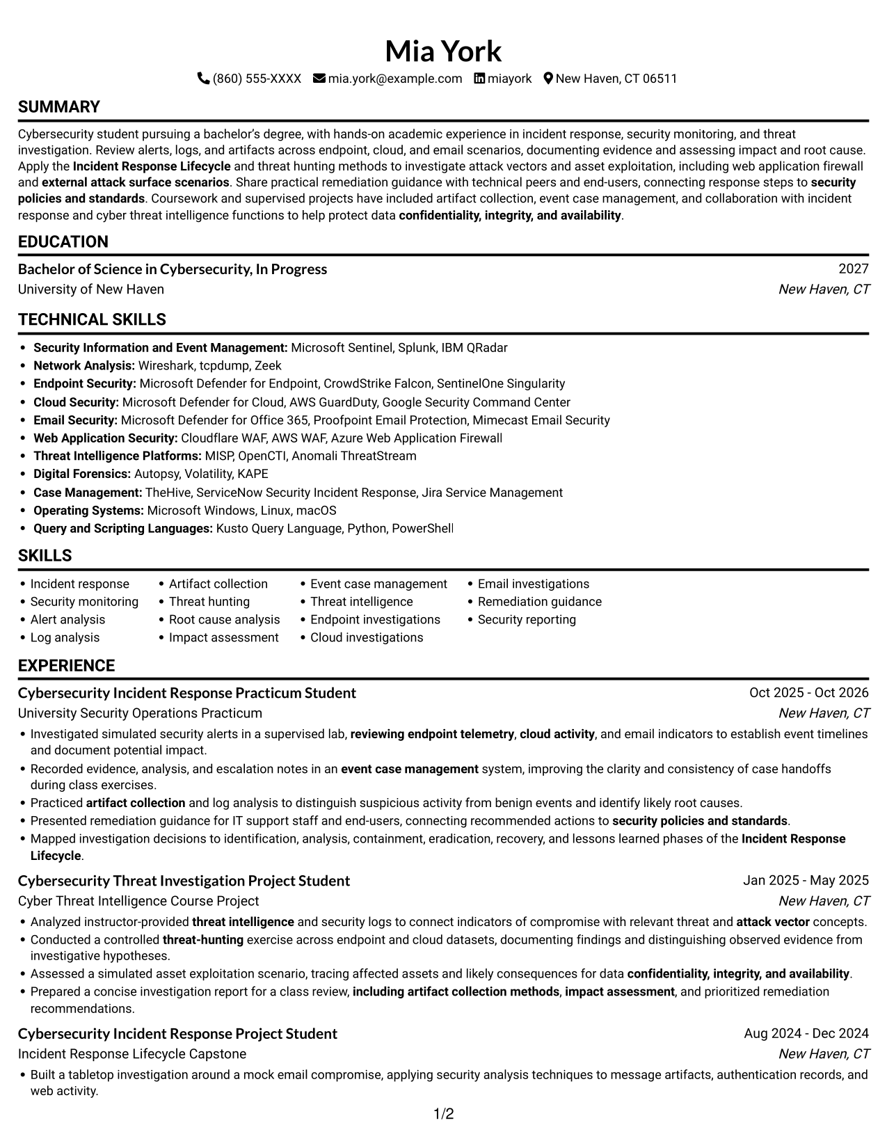 Cybersecurity Intern - Incident Response resume, page 1