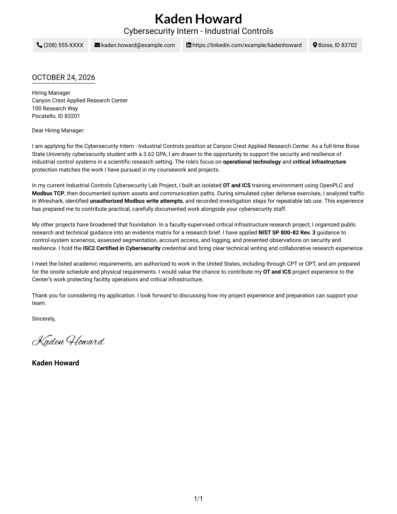 Cover letter example — page 1