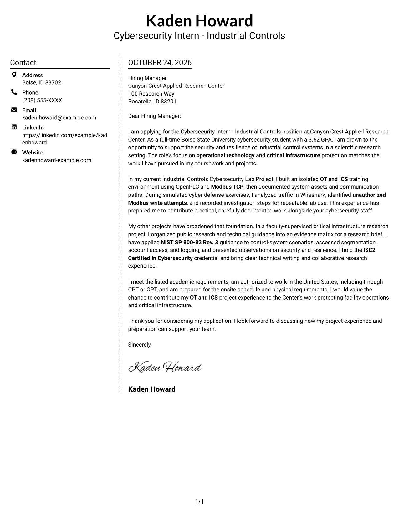 Cover letter example — page 1