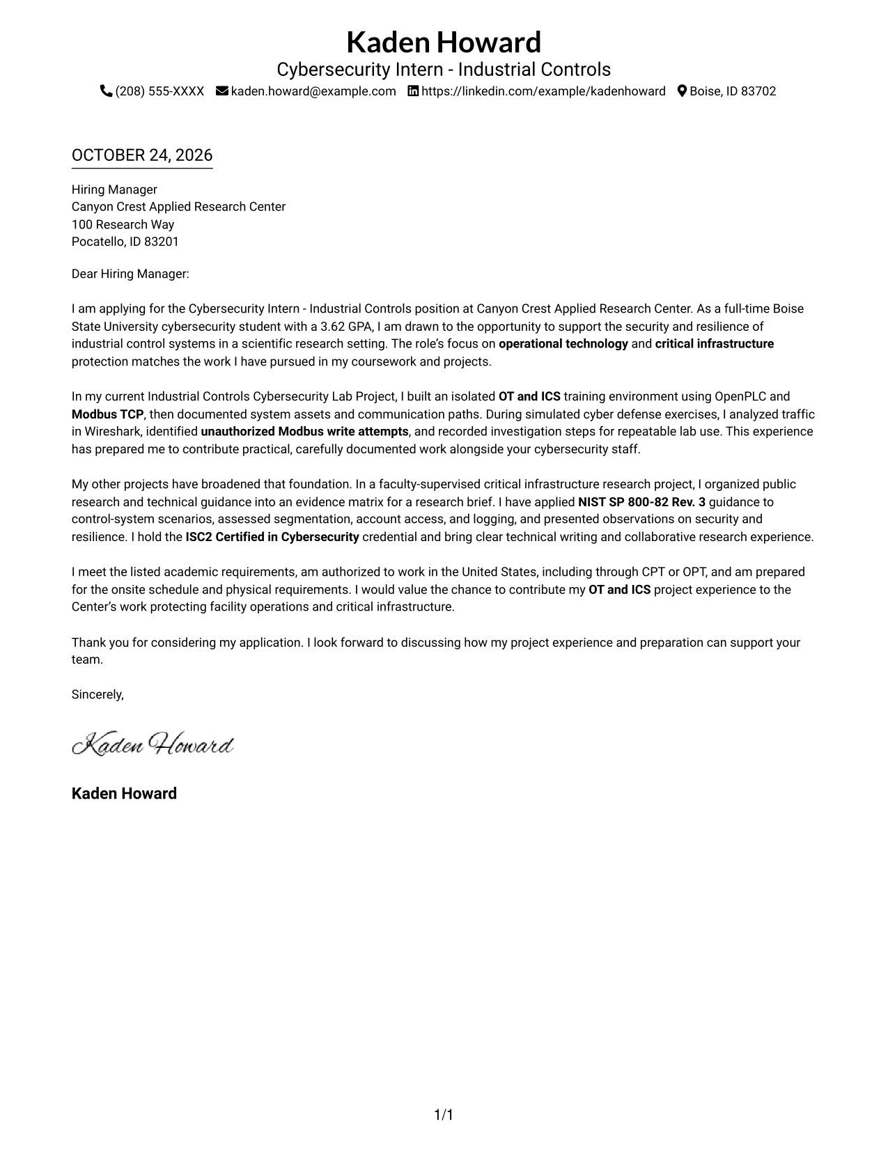 Cover letter example — page 1
