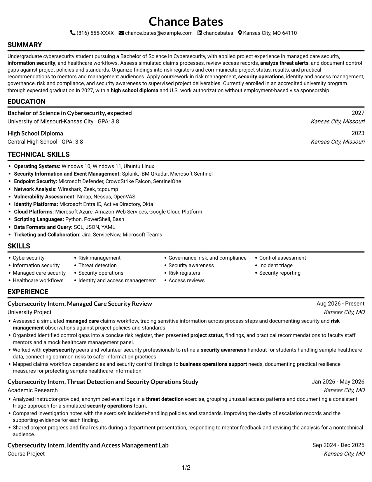 Cybersecurity Intern - Managed Care Security resume, page 1