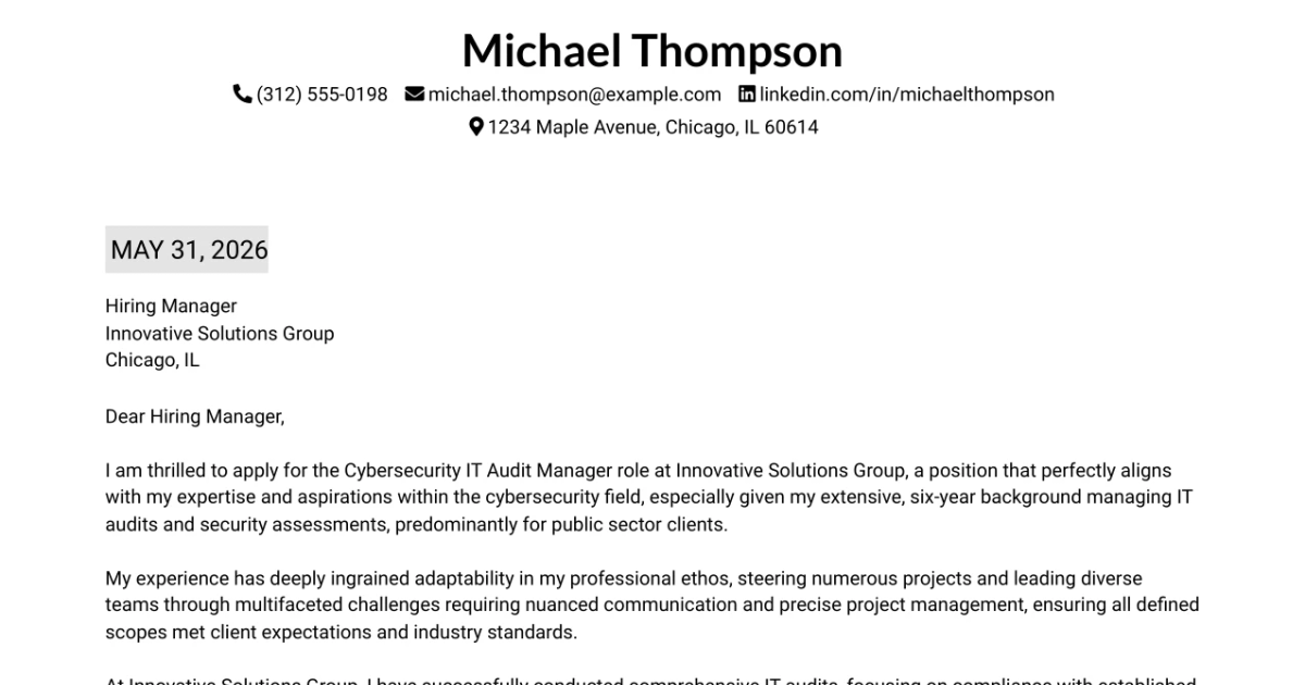 30+ Cybersecurity IT Audit Manager Cover Letter Templates with Example 2026