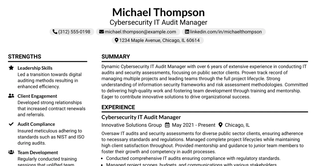 33 Cybersecurity IT Audit Manager Resume Templates with Example 2026 (ATS-Optimized)