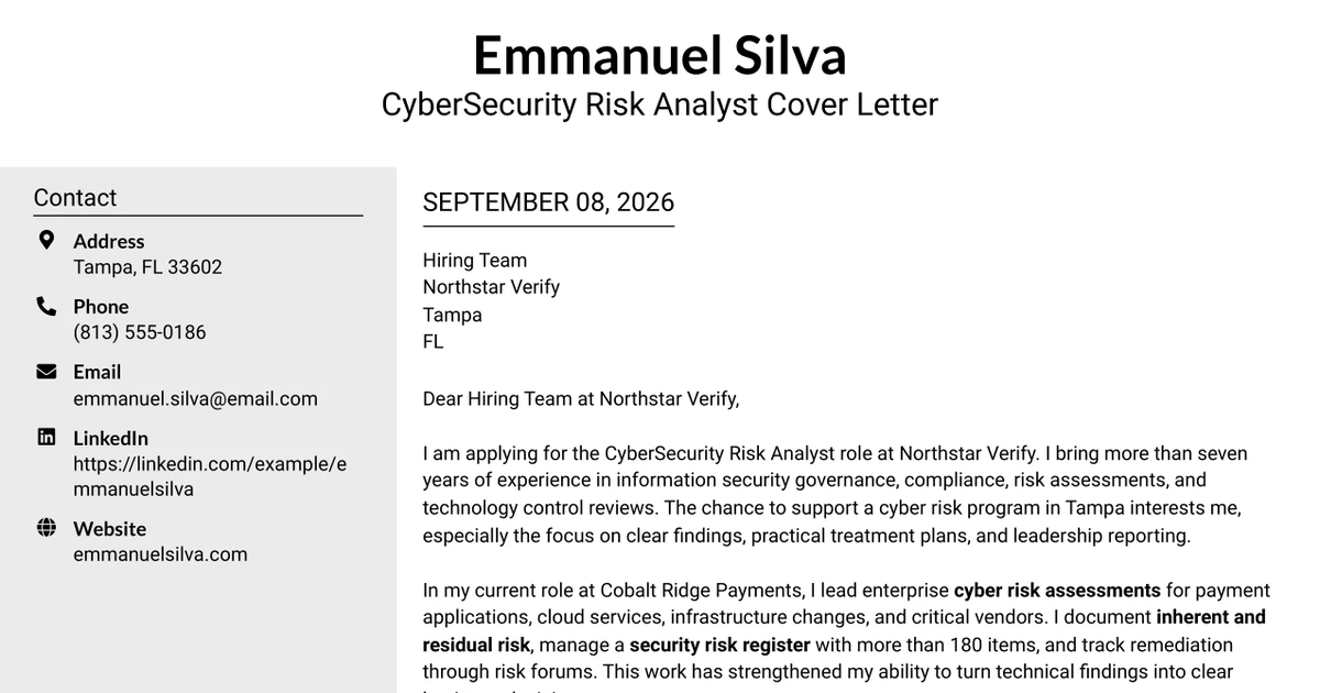 30+ CyberSecurity Risk Analyst Cover Letter Templates with Example 2026