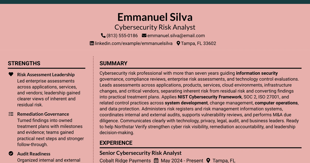 33 CyberSecurity Risk Analyst Resume Templates with Example 2026 (ATS-Optimized)