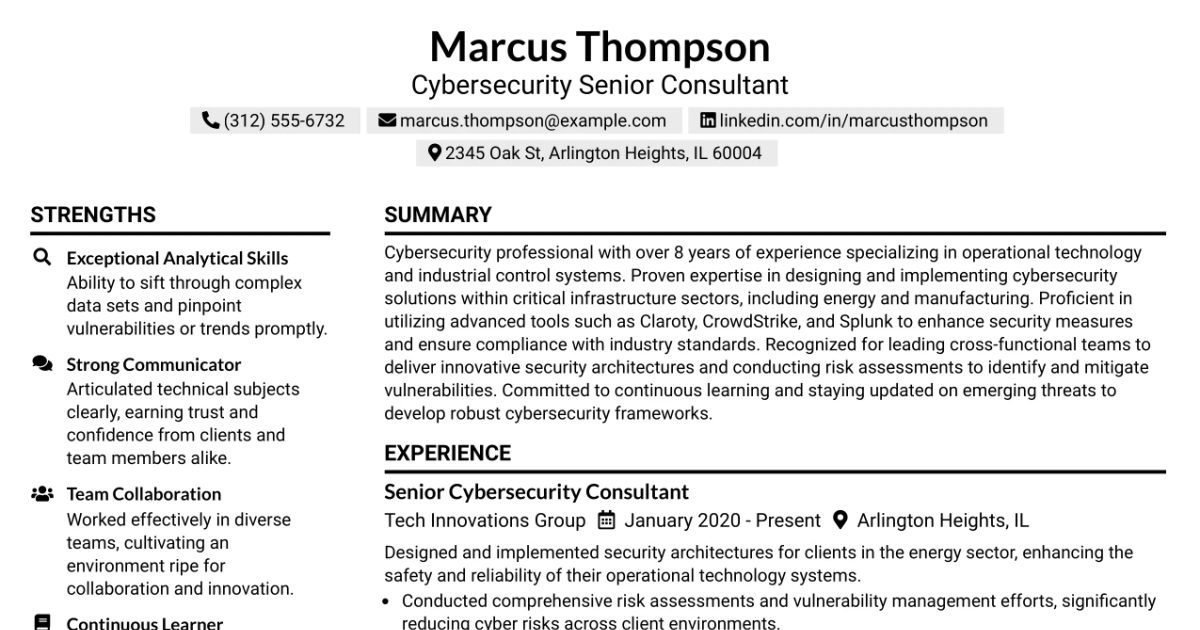 33 Cybersecurity Senior Consultant Resume Templates with Example 2026 (ATS-Optimized)