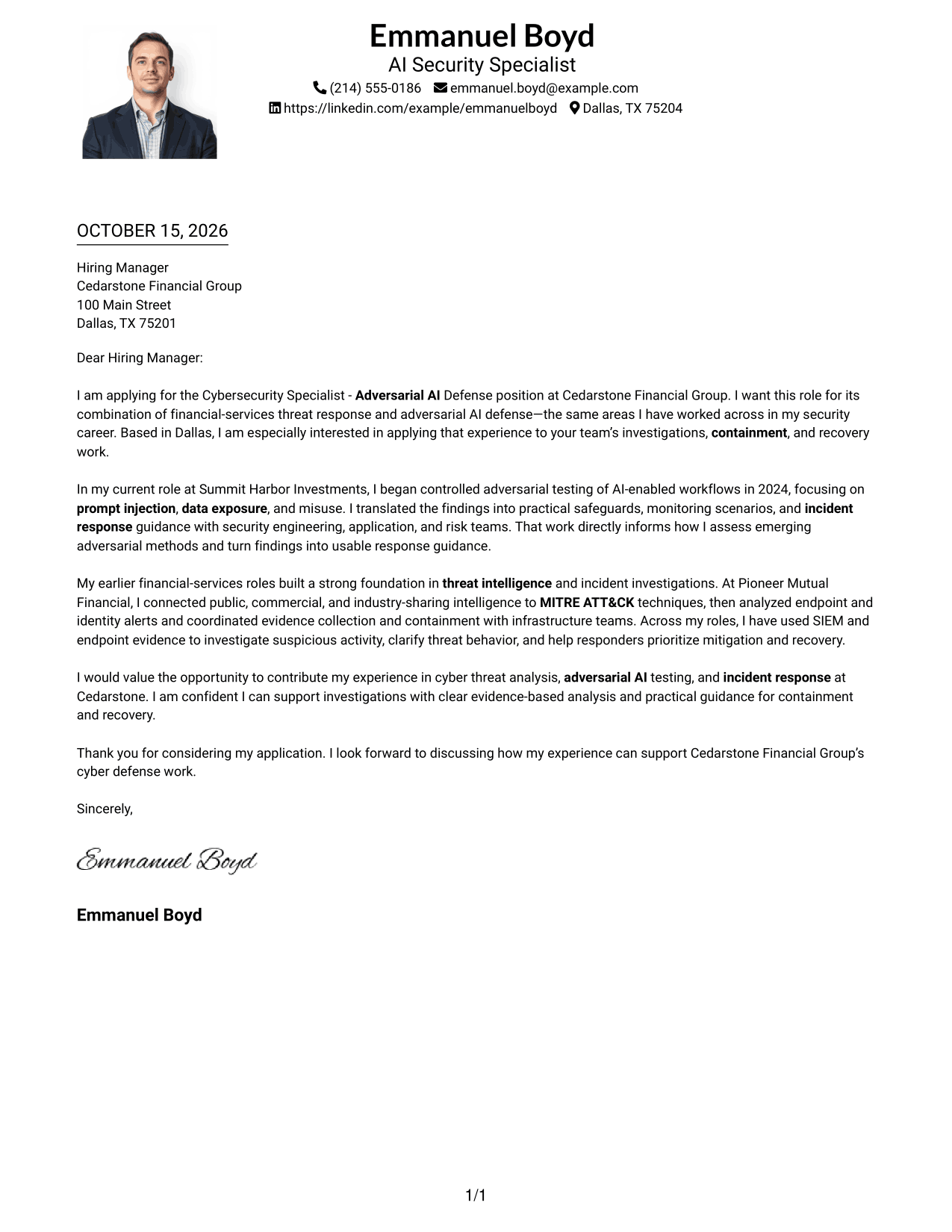 Cover letter example — page 1