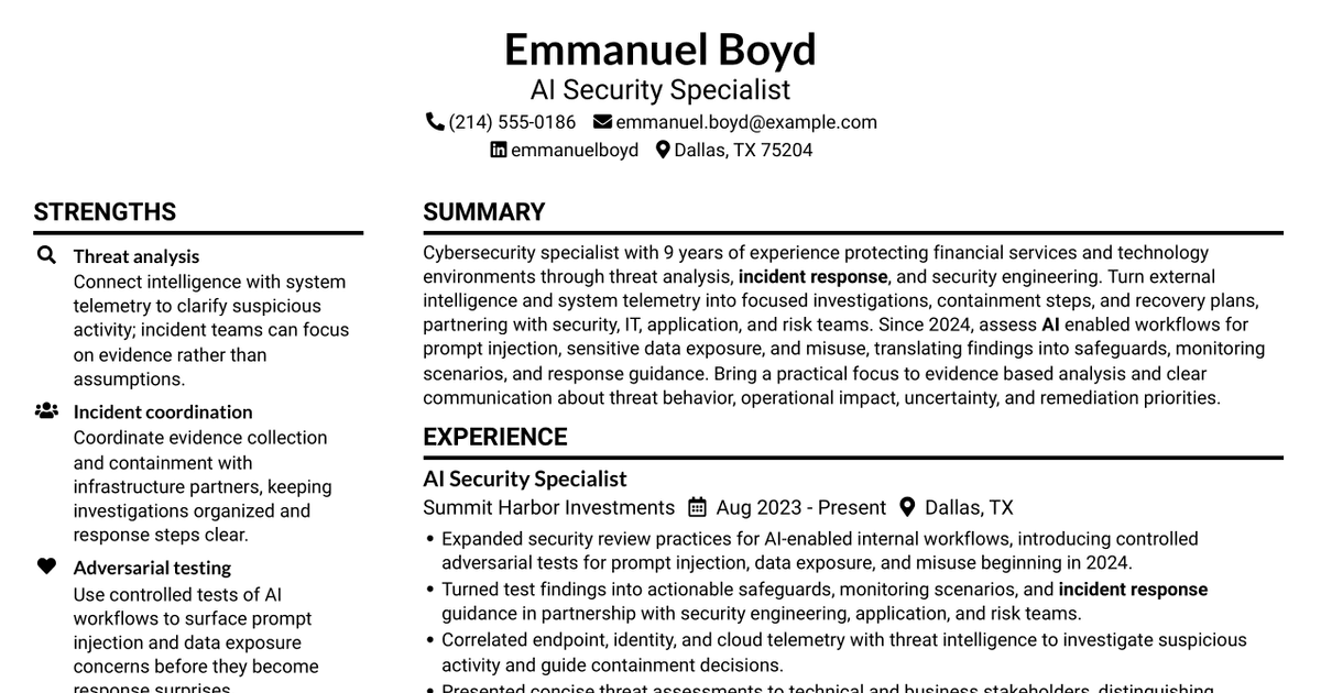 7 Cybersecurity Specialist - Adversarial AI Defense Resume Templates with Example
